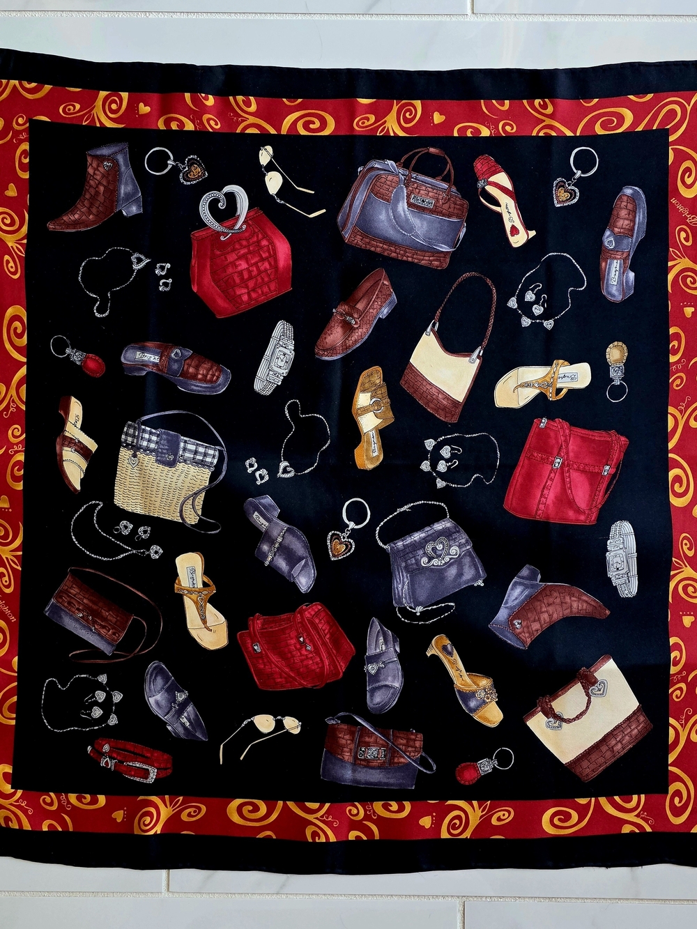 Brighton Black Scarf with Red, Gold and Brown Handbag & Shoe Motif